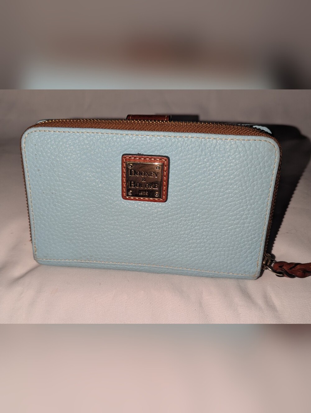 Dooney & Bourke Pale Blue Pebbled Leather Zip-Around Wallet with Brown Trim - Picture 1 of 10